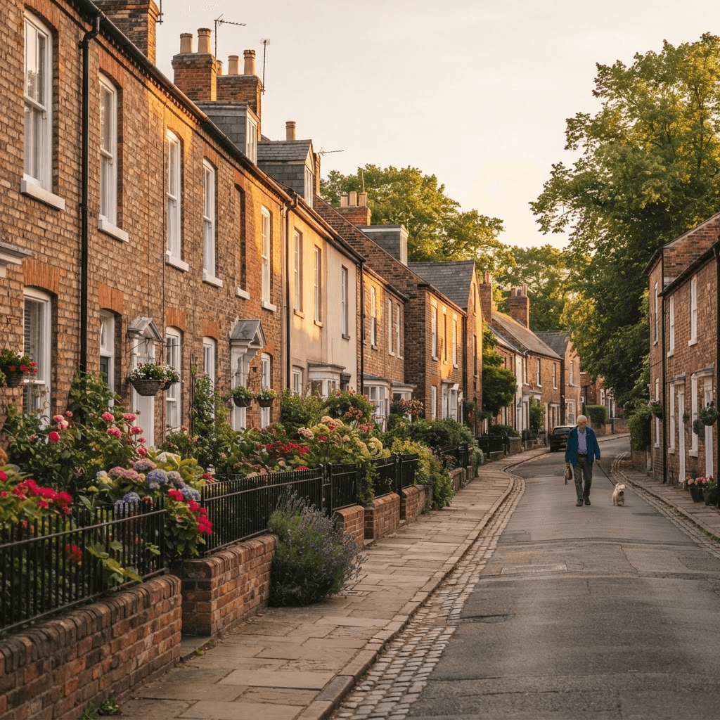 A quiet residential street of brick houses on a bright day